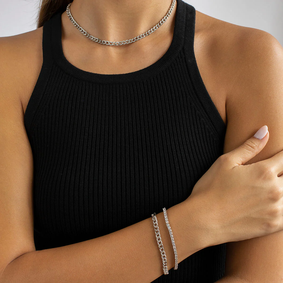 Half Pave Mini Curb Chain Bracelet - Image 3